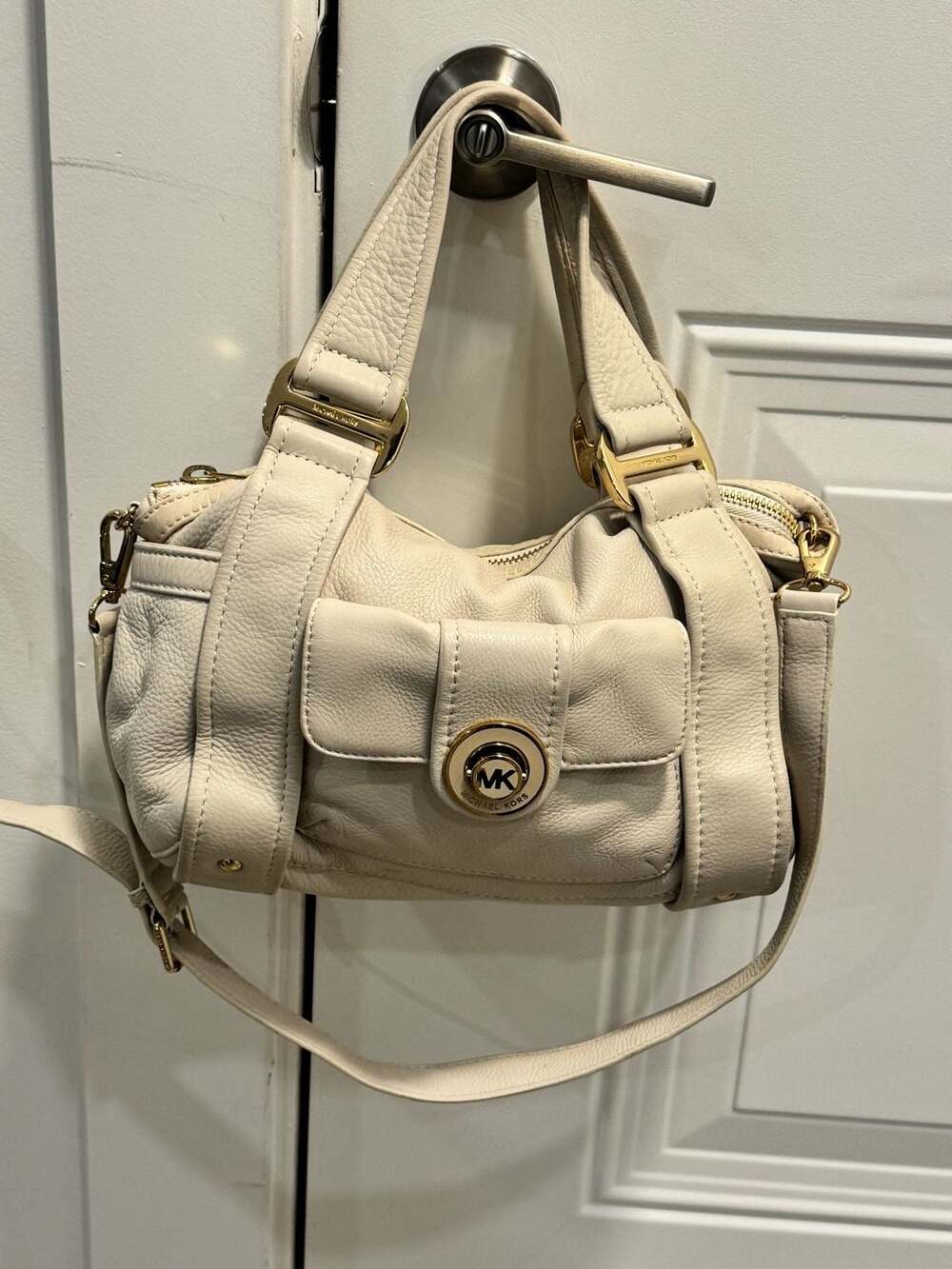 Michael Kors White Ivory Leather Satchel Crossbody Bag Gold Hardware MK